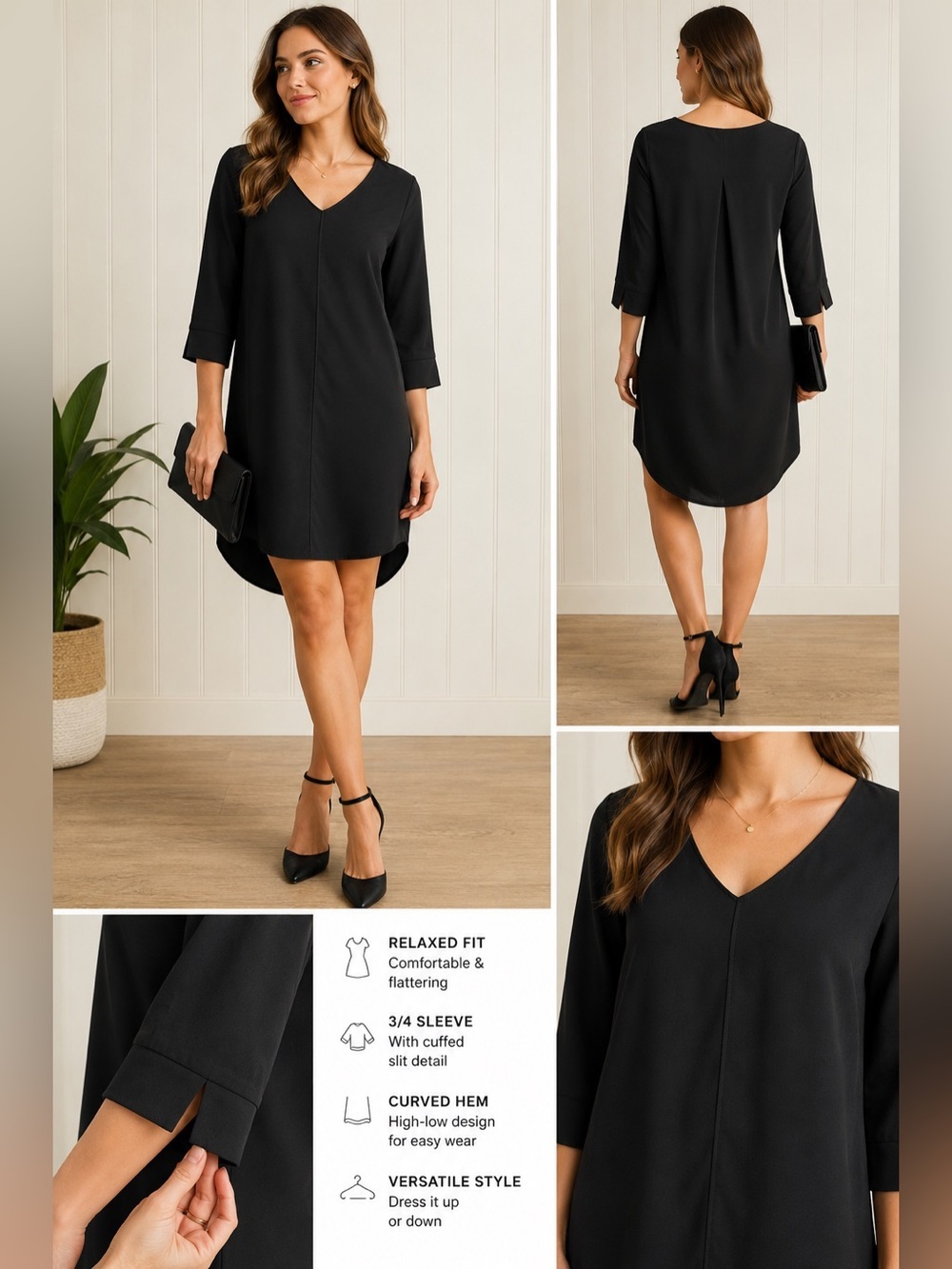 Monk & Lou Black V-Neck Tunic Dress | Minimalist Shift Dress | Size Small